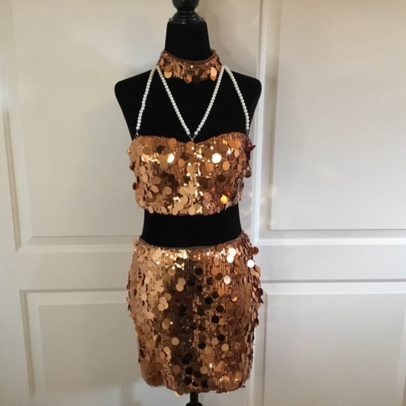 Women’s Sequin Dots Crop Top And Matching Mini Skirt Rave Nightclub Outfit - Picture 5 of 9